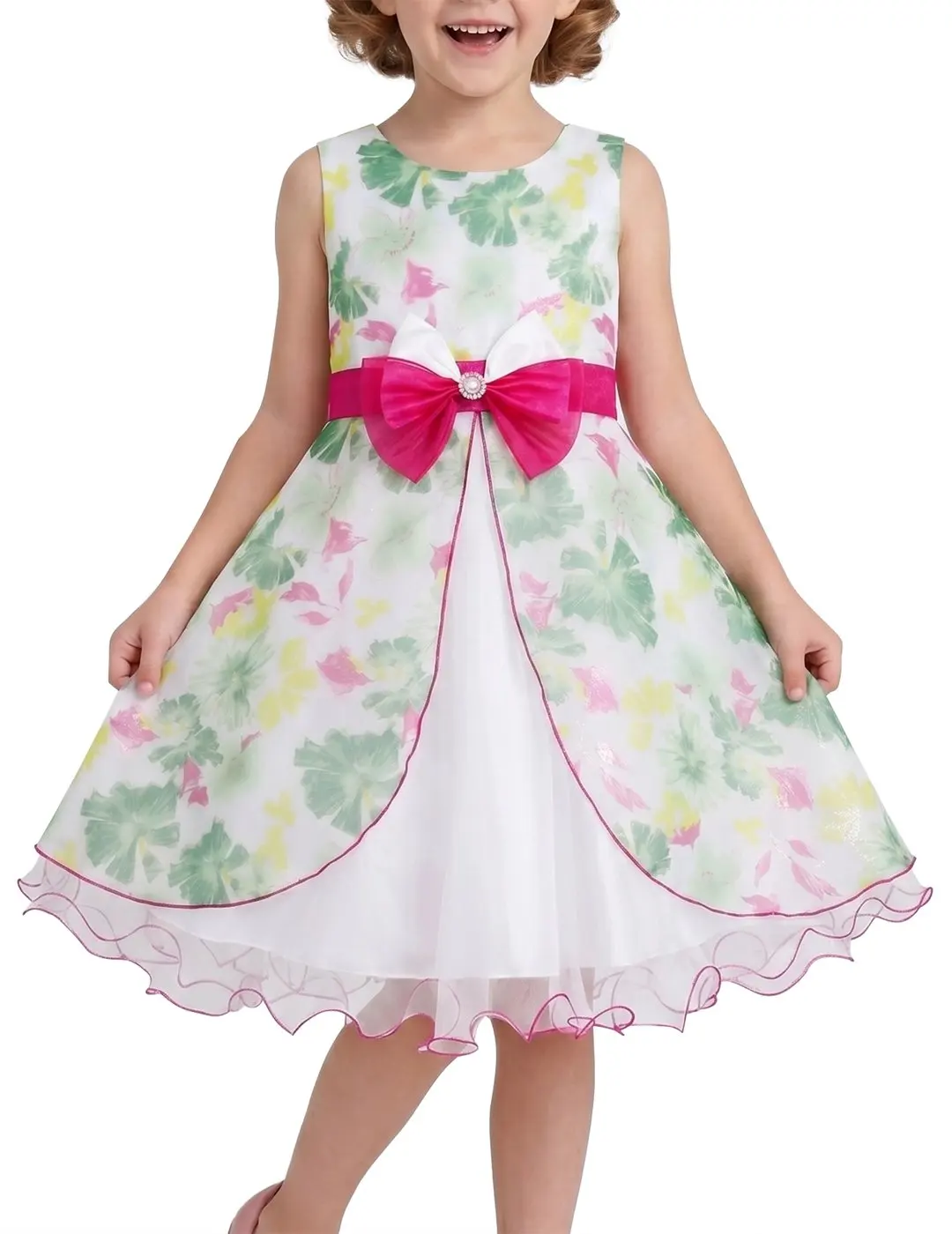 Girls Dress Green Floral Printed Sleeveless Bow Satin Tulle Summer Party Dresses