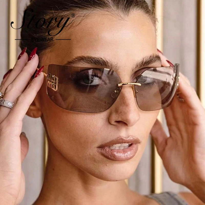 STORY Mode Verspiegelte Randlose Sonnenbrille für Frauen Männer Luxus Marke Designer Trendy Gebogene Linse Rahmenlose Sonnenbrille UV S8051A