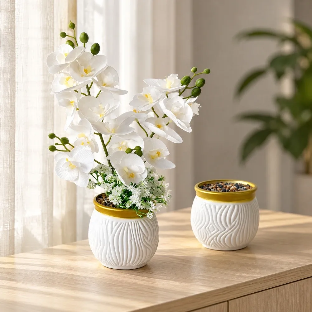 Finished Faux For Orchid Display in Ornamental Pot for Living Room Bedroom Office and Other Interior Table Locations