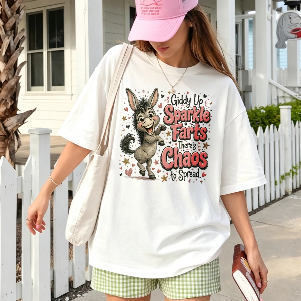 Giddy Up Sparkle Farts There's Chaos To Spread Cute Donkey Graphic T Shirt Funny Western Farm Animal Print Casual Humor Gift Top