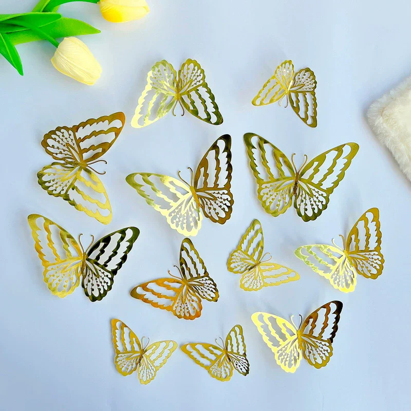 12pcs/pack 3D Hollow Butterfly Wall Stickers Laser Reflective Dot Multi-color Home Cabinet Decoration Sticker Removable Sticker
