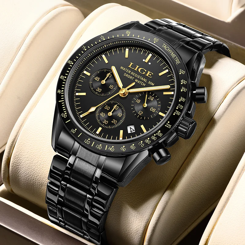 

LIGE Роскошные мужские часы модный календарь черные мужские часы из нержавеющей стали водостойкий деловой хронограф кварцевые часы для мужчин