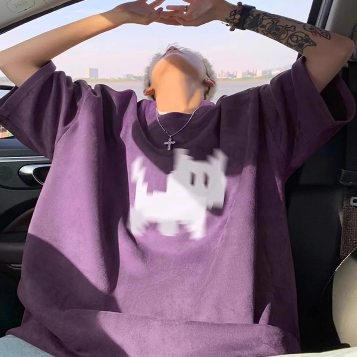 

Loose Fit Men's ort Sve T-irt Pixel Design Fce f Sve Purple Plum Large Size Summer Faion Brand Teenage