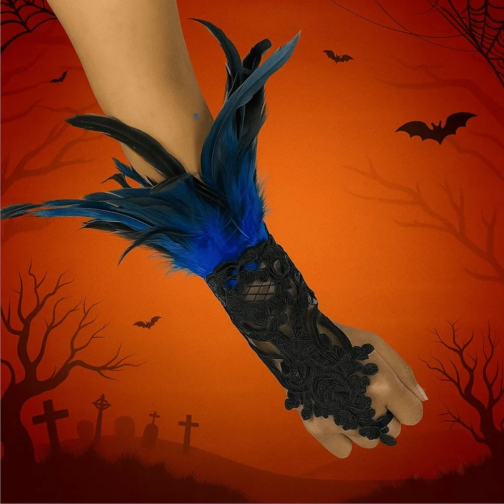 الإبداعية معصمه هالوين ريشة قفازات الرجعية التطريز ريشة الدانتيل قفاز الظلام القوطية النساء هالوين الأصفاد لوازم الحفلات #4