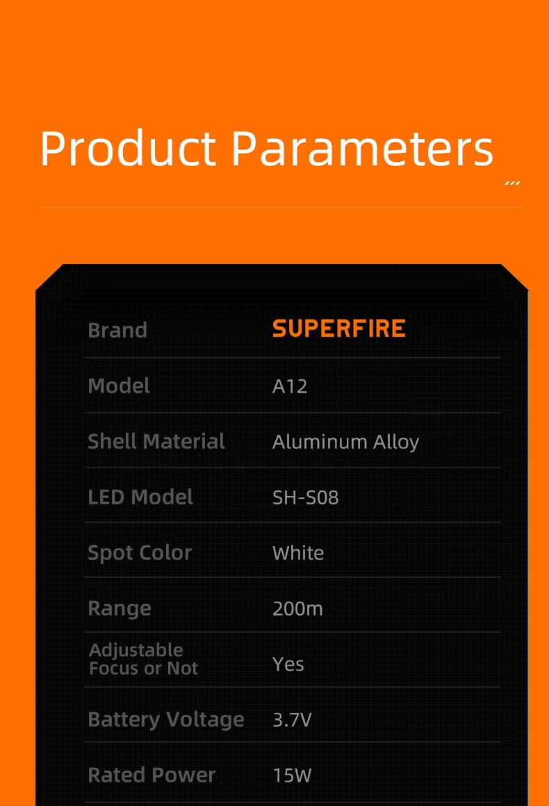SUPERFIRE A12 Hochleistungs-LED-Taschenlampe, USB wiederaufladbar, zoombar, taktische Taschenlampe, 5 Modi, wasserdicht, für Outdoor-Angellaterne – Detail 15
