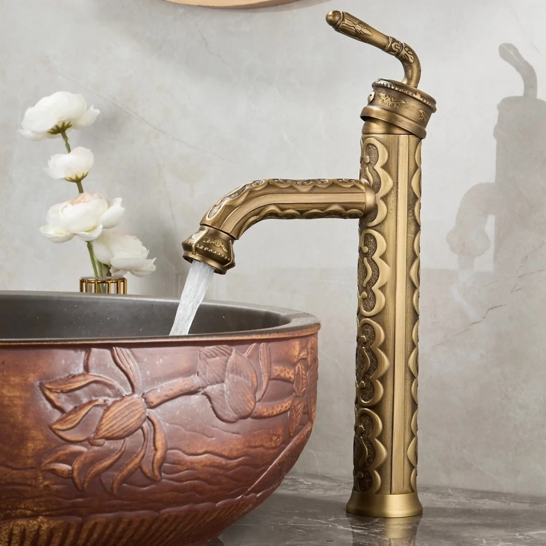 

Antique Carved Basin Faucet Brass Rotating Bathroom Faucet Hot Cold Brass Sink Faucet Deck Mounted Lavotory Faucet Water Tap