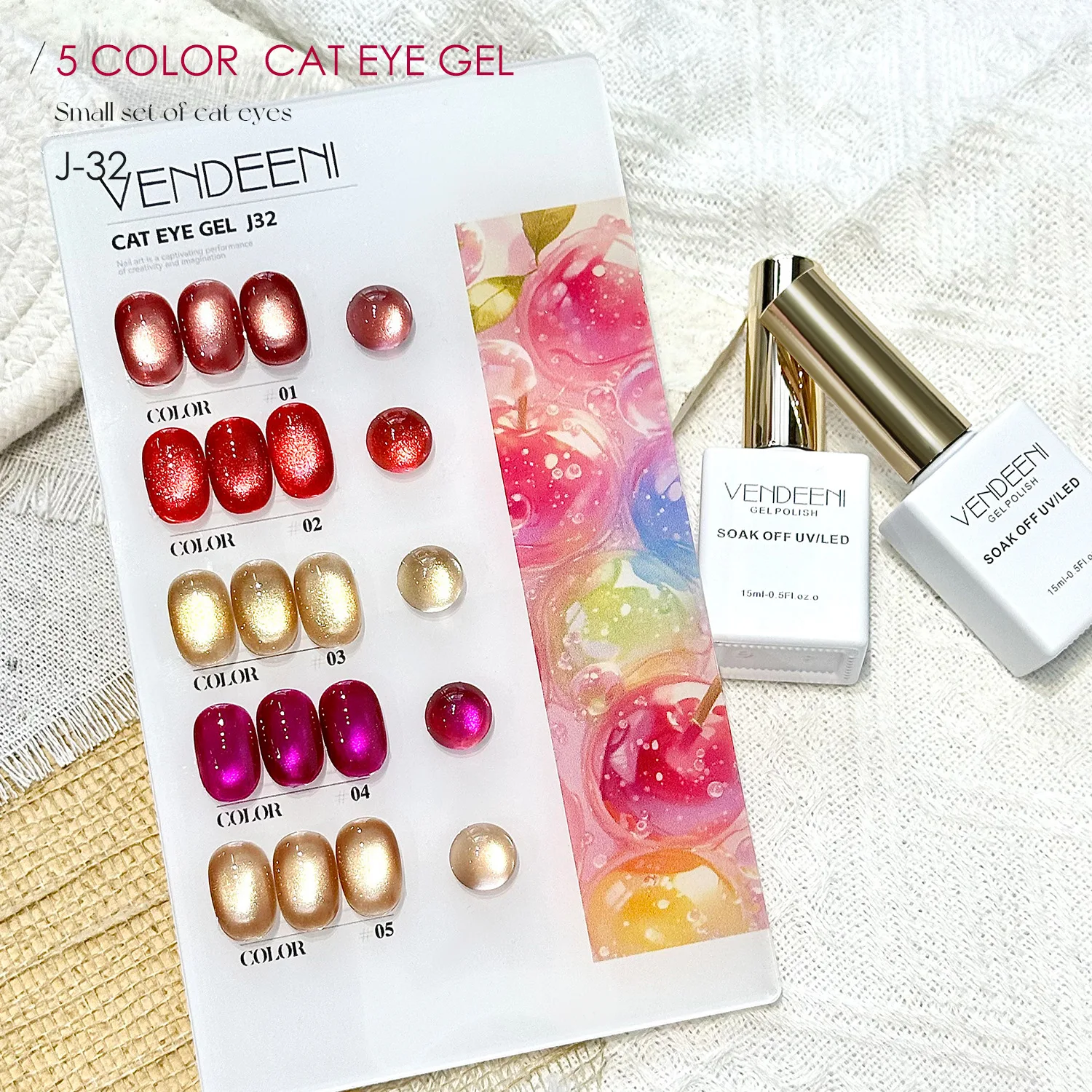 

Vendeeni 5 Colors Crystal Cat Eye Nail Gel Polish Set Semi Permanent Sparkling Magnetic UV LED Soak Off Gel Varnish With Display