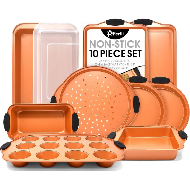 Baking Pan 10 Piece Set Nonstick Copper Steel Oven Bakeware Kitchen Set with Silicone Grips, Cookie Sheets