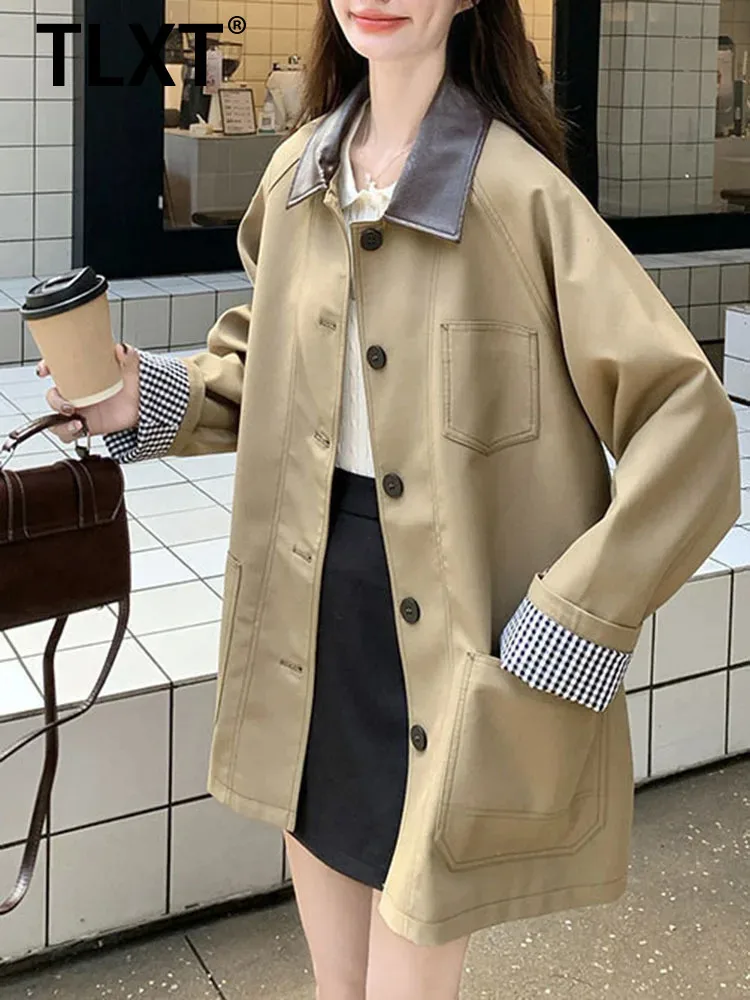 

TLXT модные женские куртки из искусственной кожи со сращенными лацканами, цветные блоки, корейский стиль, повседневный плащ цвета хаки, новинка 2024, зимняя одежда