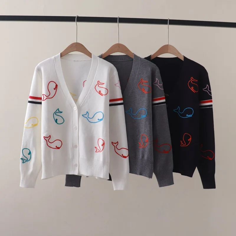 Autumn and Winter New Double Sleeve Ribbon Full Body Color Whale EmbroideryVCollar Long Sleeve Knitted Cardigan Loose Sweater Co