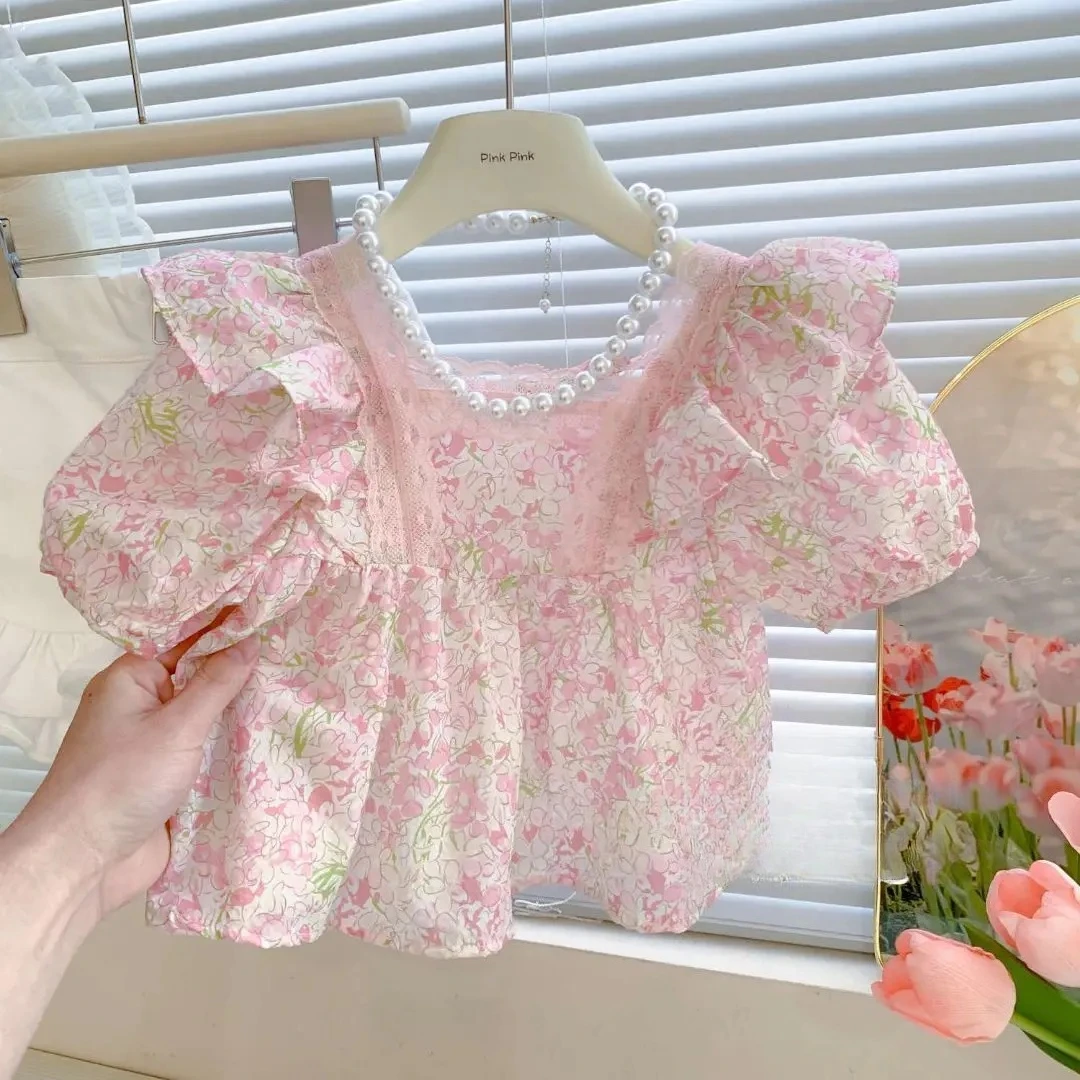 

Лето 2025 г., корейский топ с короткими рукавами для девочек 3-9 лет, темпераментная милая розовая кружевная рубашка для девочек
