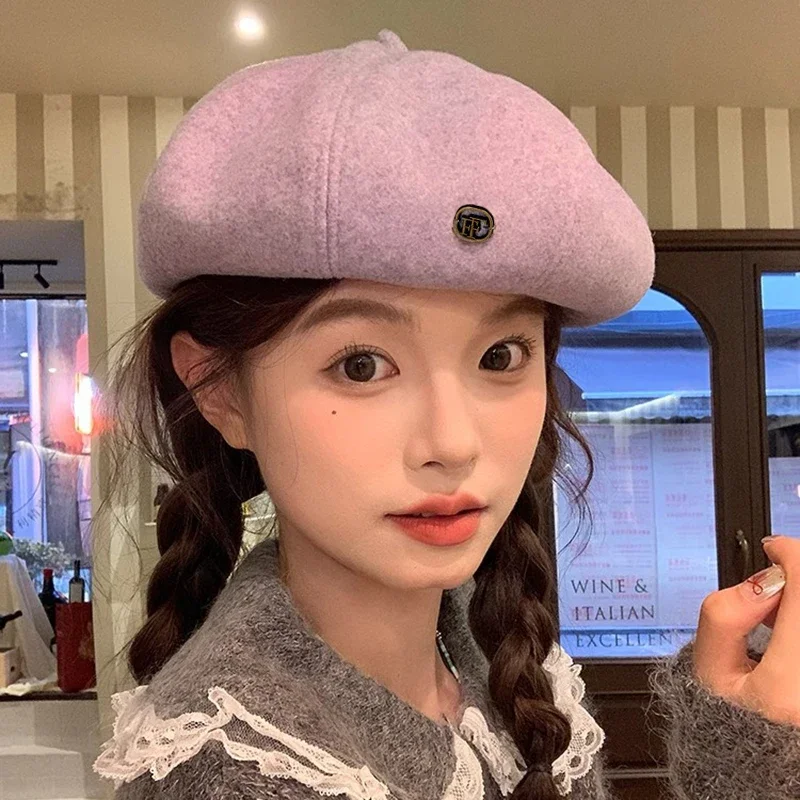 New Ins Taro Purple Woolen Berets Cap for Women Autumn and Winter Travel Warm Versatile Retro Literary Octagonal Painter Hats