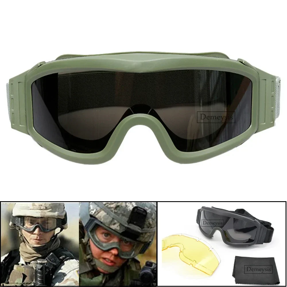 Airsoft Tactical Goggles 3 Lens Windproof Dustproof Shooting Motocross Motorcycle Mountaineering Glasses CS Safe Protection