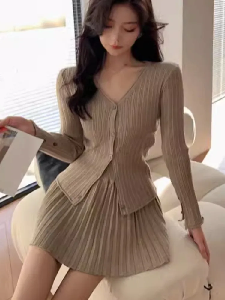 Autumn Y2K Knitted 2-piece Skirt Set Solid Single Breasted V-neck Cardigan Pleated Mini Skirt Korean Chic Suit Knitting Outfits