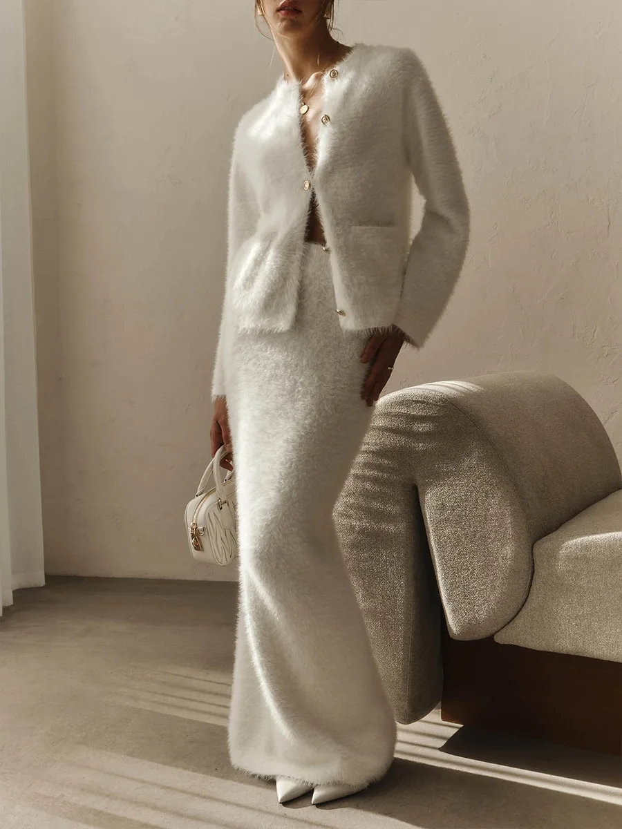 

White Plush Knitted Elegant 2 Piece Set Women Autumn O-neck Long Sleeve Pocket Cardigan Sweater Simple Casual Fashion Long Skirt