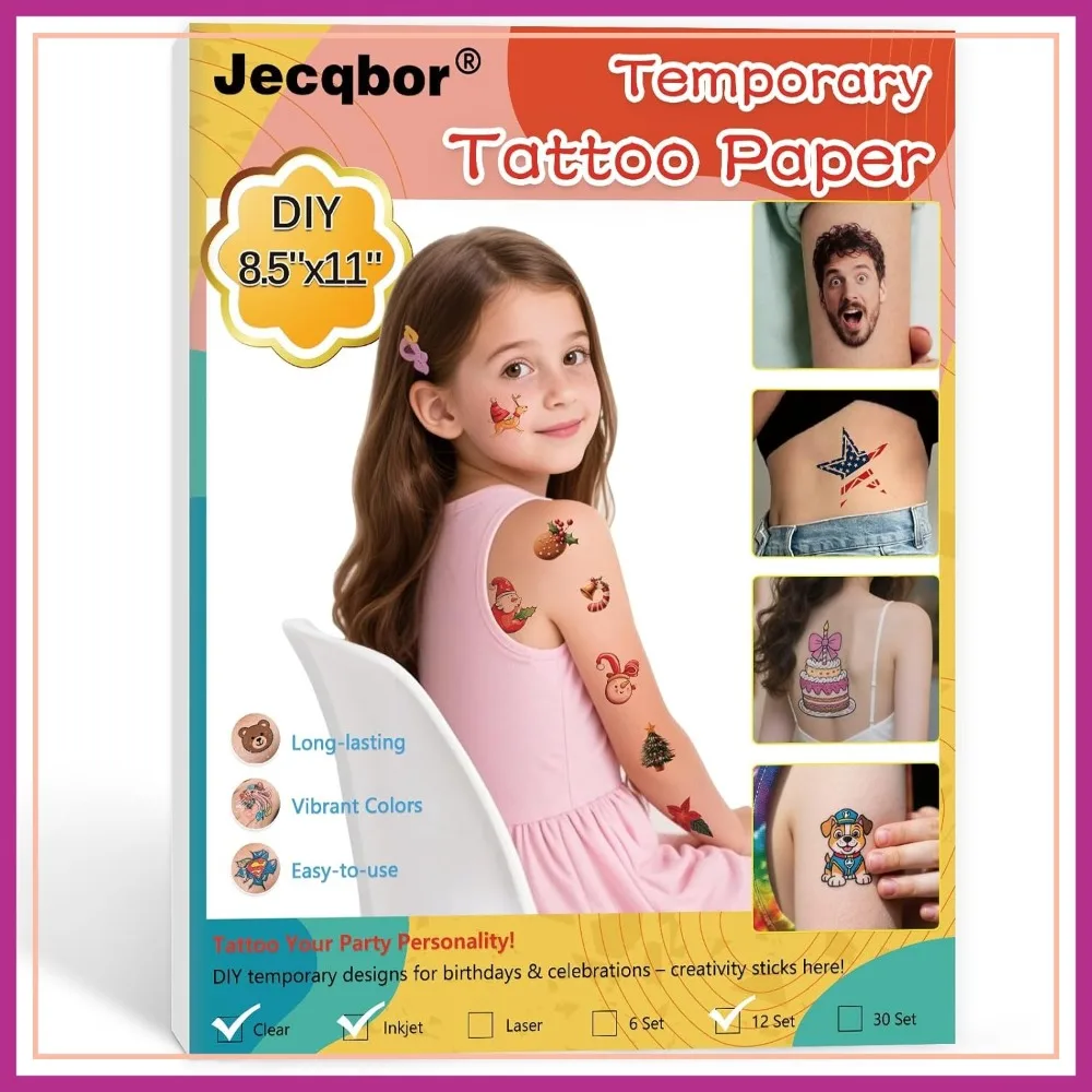 

DIY Temporary Tattoo Paper for Inkjet Printer, 8.5x11 Inch, 6 Sheets, Clear Transfer, Customizable, Long Lasting, for Parties