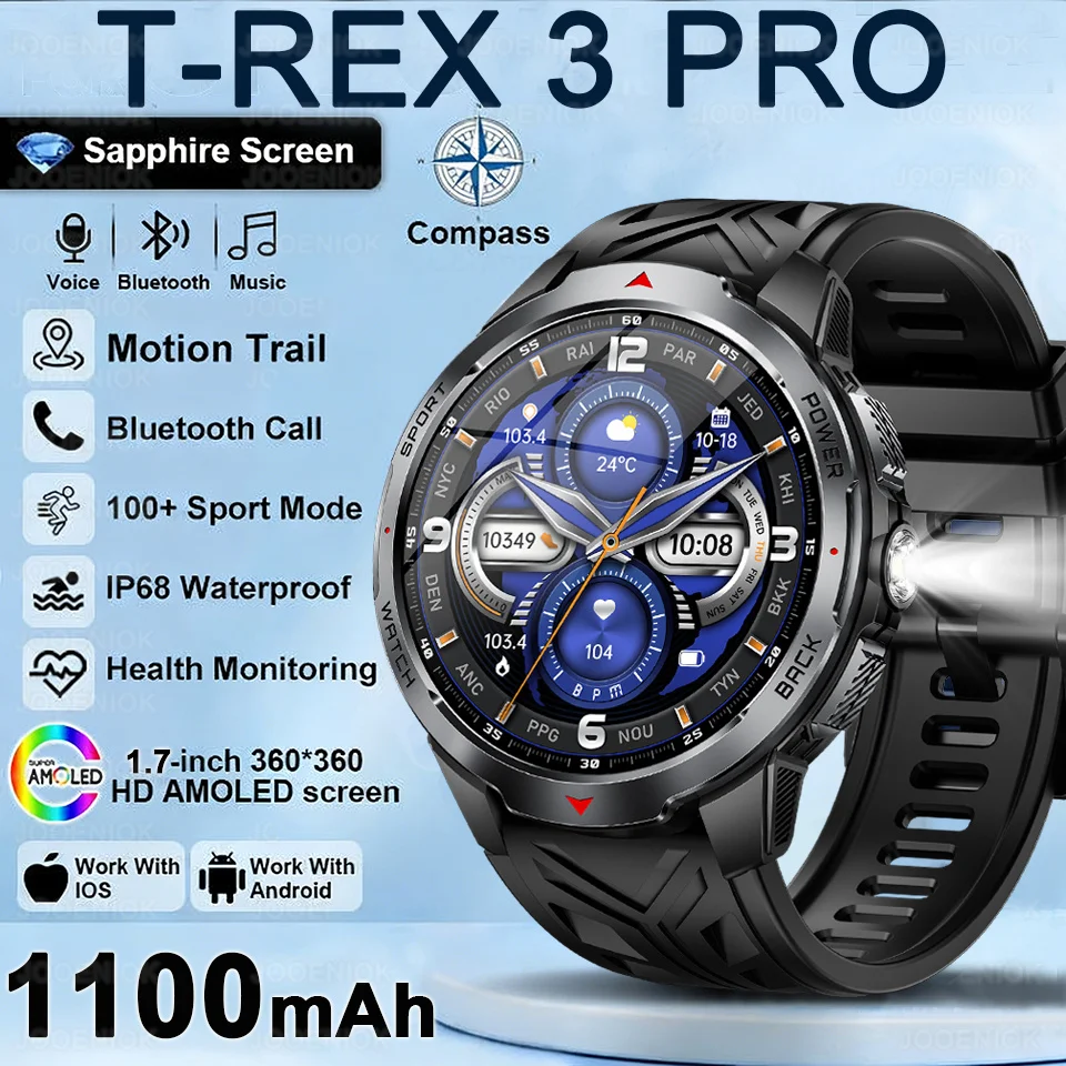 

T-REX 3 PRO 1100mAh Large Battery Smart Watch 10ATM Waterproof GPS 1.7" HD AMOLED Call Sports Flashlight Smartwatch Men 2026 New