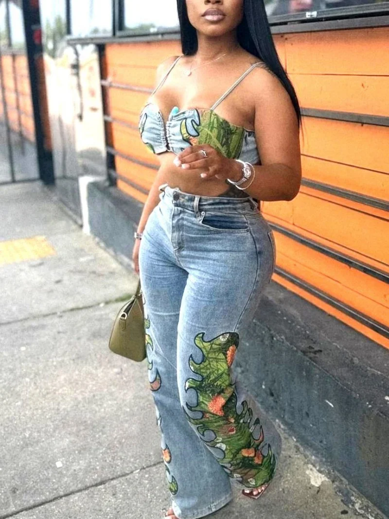 Streetwear Stickerei Denim Spaghetti Strap Weste Top Gerade Jeans Hose Sets Weibliche Casual Denim Hosen 2-teiliges Set Frauen Outfit