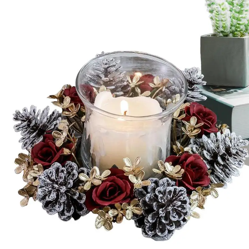 Çam konileri güller noel masa çelenk noel Centerpieces masalar için noel wreakler sağlam taban mum wreakler mum