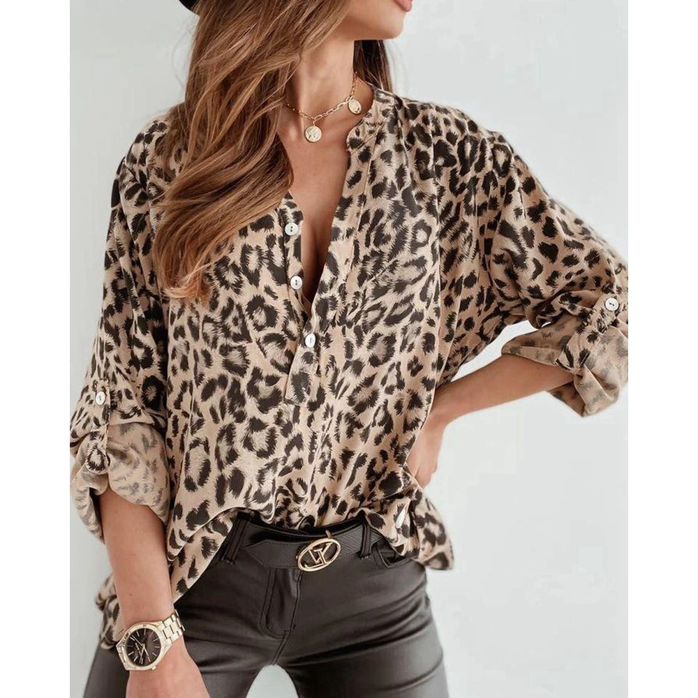 Blusa feminina com estampa leopardo manga em rolo, blusa casual, design abotoado, moda primavera, elegante outwear, camisas, traf