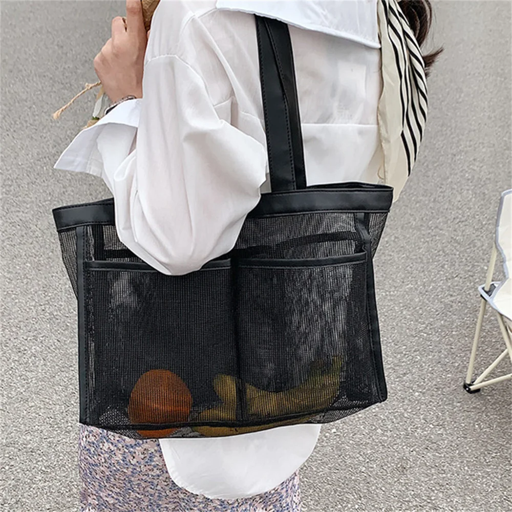 

Protable Mesh Bag Large Capacity Reusable Women Multiple Pockets Swimming Beach Bag Women Makeup Organizer Shopping Handbag