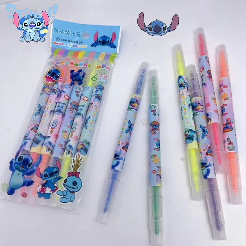 6pcs/set Disney Stitch Double Ended Highlighter Children's Drawing Graffiti Markers Student Supplies Stationery Christmars Gifts