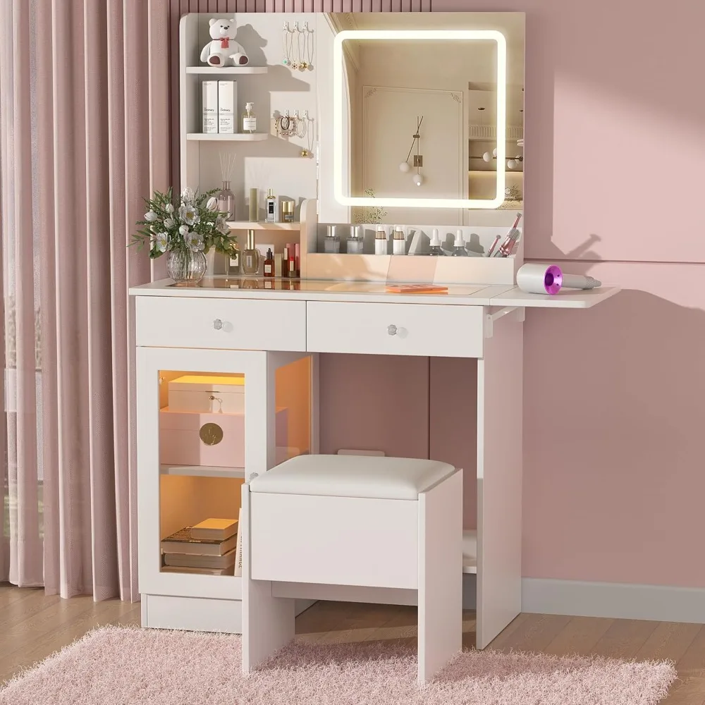 

Vanity Desk with 3-Colors LED Lights-Mirror and Stool Vanity Set with Power Strip Makeup Vanity with one Cabinet