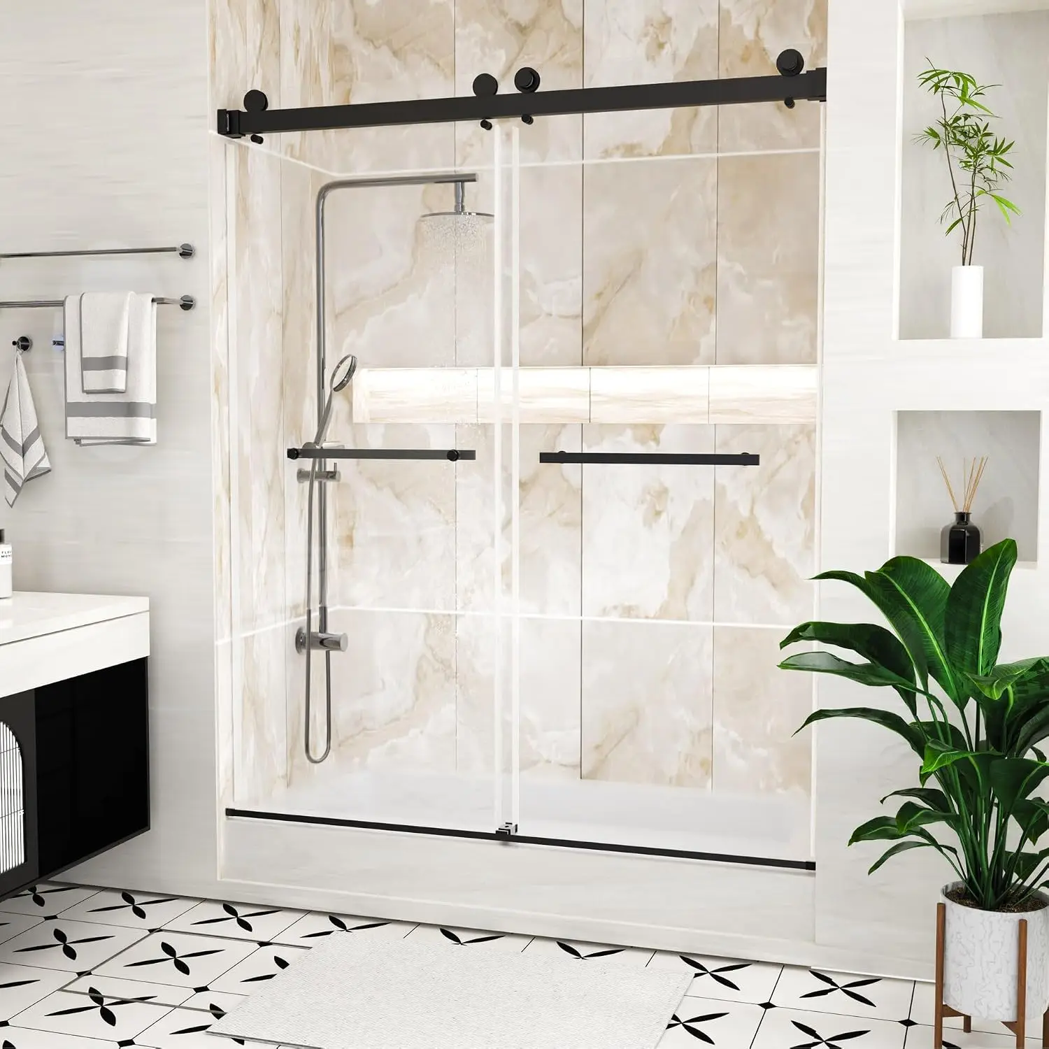 56-60" W x 74" H Frameless Sliding Shower Door, 1/4" SGCC Clear Tempered Glass Shower Door, 2.36" Rollers, Customized