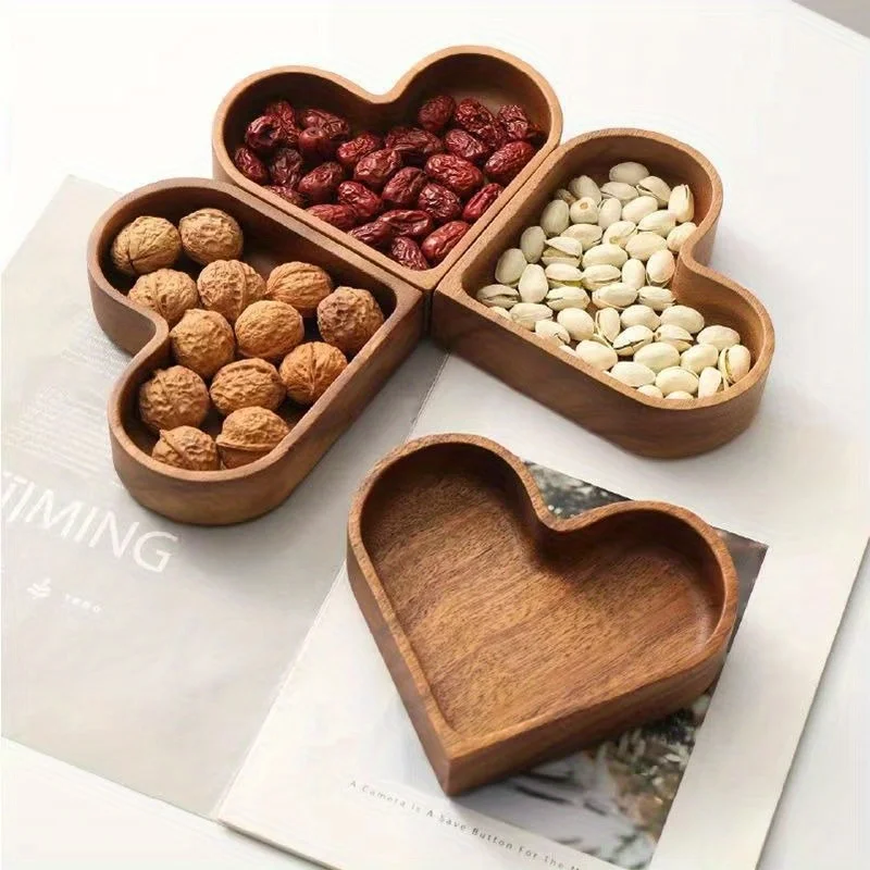 Heart-Shaped Wooden Serving Tray - Compartment Dessert & Candy Plate For Valentine’s Day, Sushi, Or Nuts, Decorative Walnut Fini