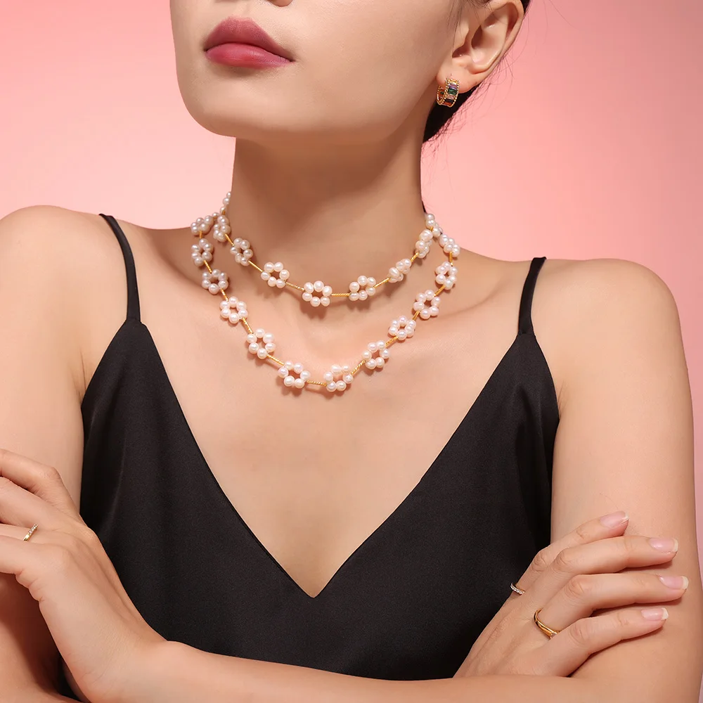 

Elegant Stainless Steel Chain Necklaces For Women Irregular Freshwater Pearl Strand Beads Women Collar Choker Necklace Jewelry