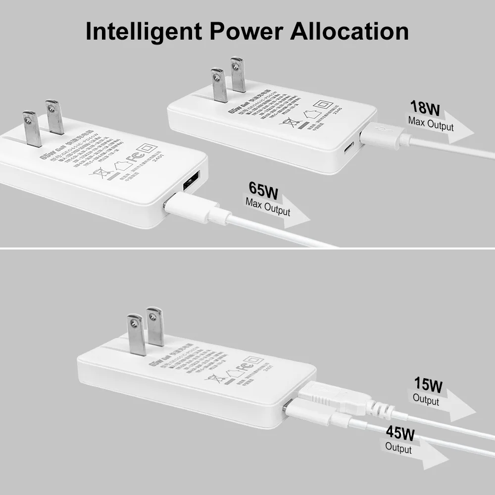 65W GaN Wall Fast Charger Ultra Slim PD Type C Power Adapter Dual Port USB C USB A Wall Charger For Apple MacBook iPad iPhone 15