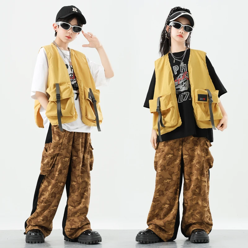 Girls K-pop Outfits Vest Loose Pants Boys Hip Hop Jazz Street Dancing Clothes Sets Children Streetwear Kids Teens Stage Costume