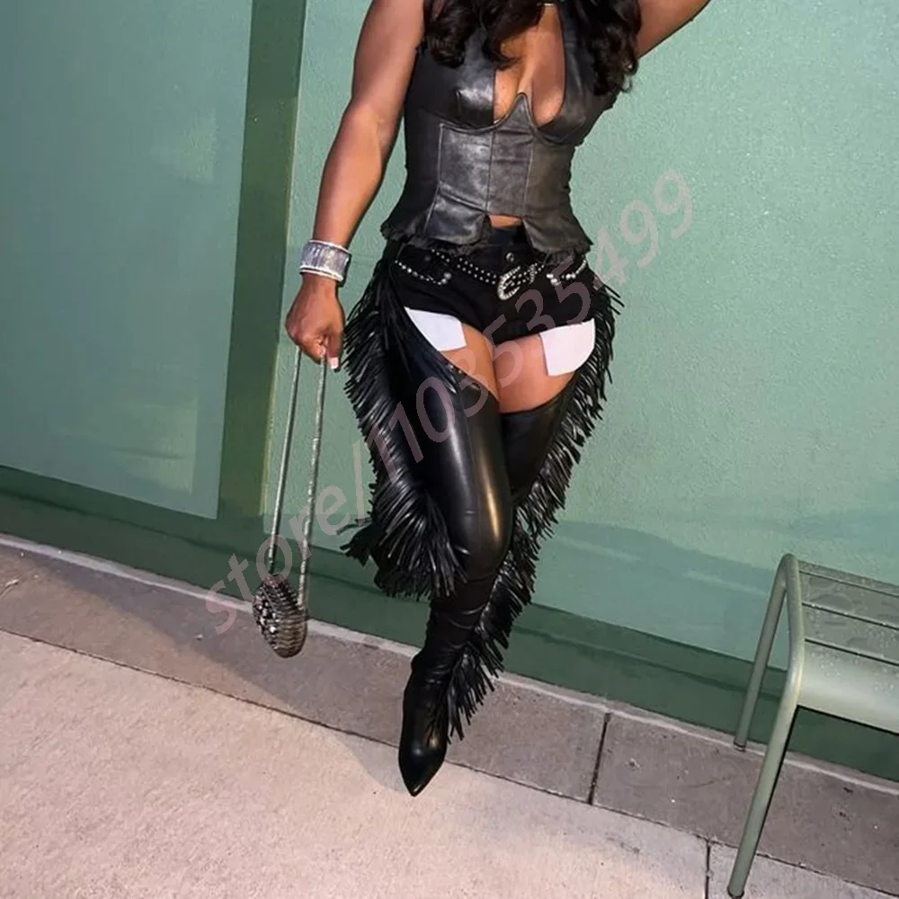 Sexy Ladies Black Fringed Waist Boots Platform Winter Catwalk Street Belt Buckle Thin High Heels Fashion Women Over Knee Shoes