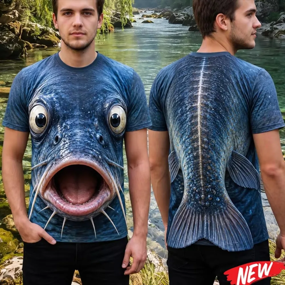 Fashionable Funny Fish Face Graphic 3D Printed Sport Quick-drying Breath Men T-Shirt Outdoor Street Casual Parent-Child Clothing