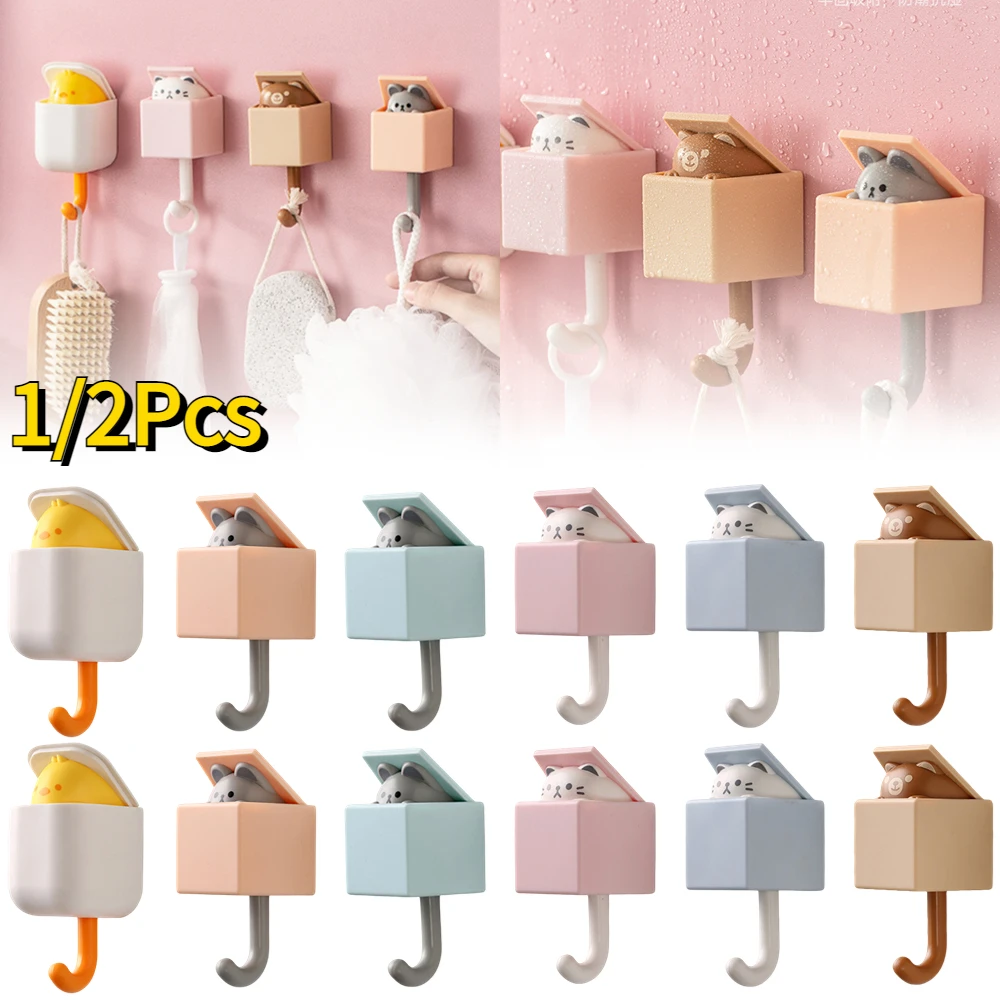 1/2pcs Cute Cat Hook Cute Seamless Dormitory Bedroom Door Hangers Hooks Key Umbrella Towel Cap Coat Rack Wall Decoration