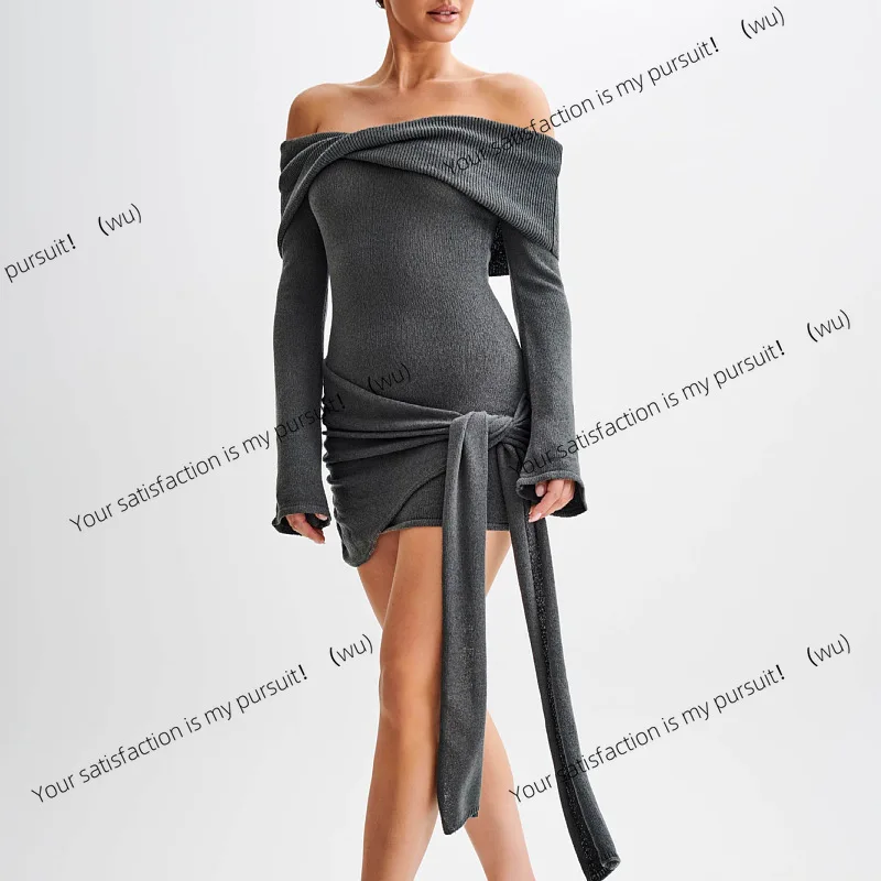 

Sweater skirt women's sexy off-the-shoulder long-sleeved straps knitted dress short skirt women
