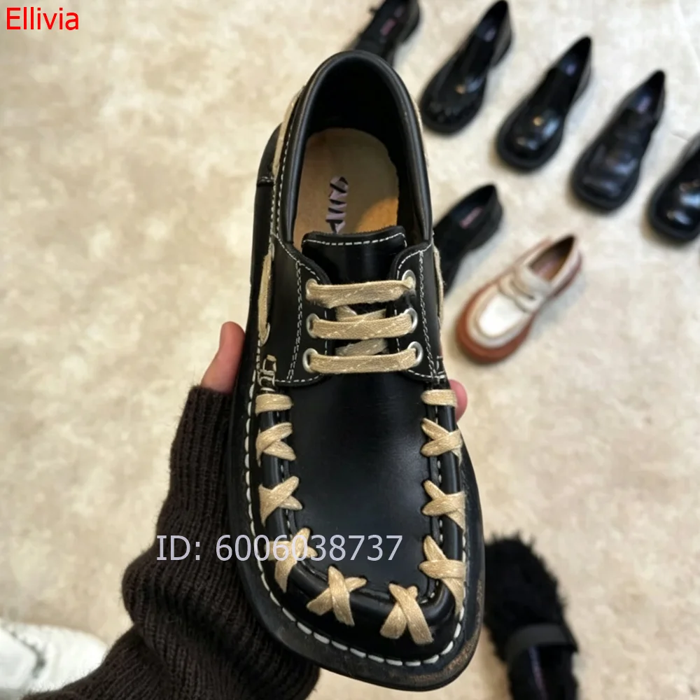 Women Square Toe Lace Up Oxford Shoes Black Leather Contrast Stitching Thick Sole Retro Fashion Ladies Casual Platform Sneakers