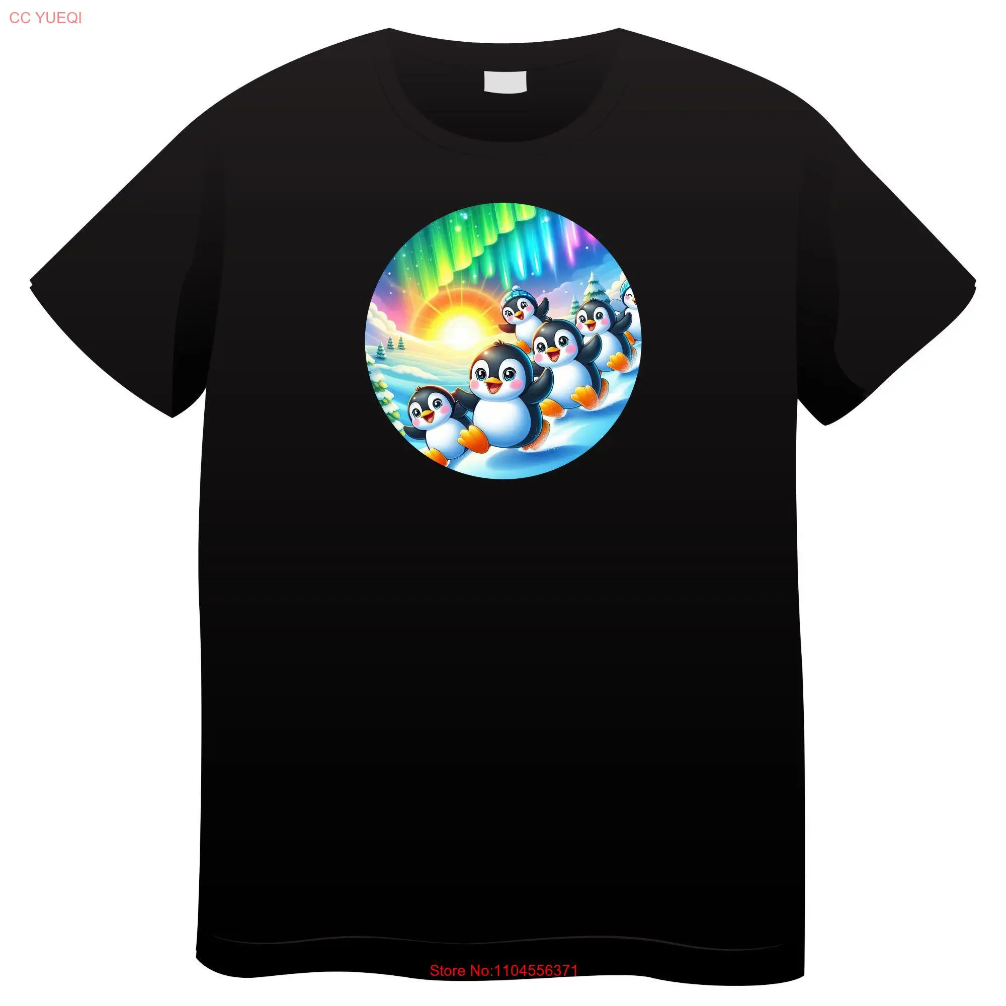 Penguins and Northern Lights Motif T Shirt Personalizable long or short sleeves