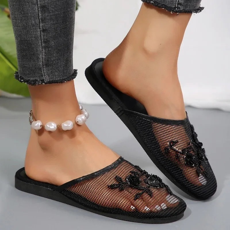 Baotou-Pantoufles Plates en Maille pour Femme, Chaussures à la Mode, Clip Floral, Nouvelle Collection 2024, Offre Spéciale