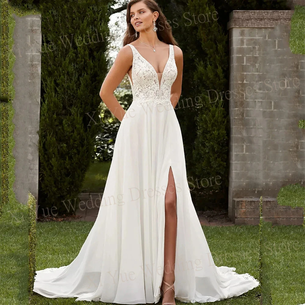 Robes de mariée en mousseline de soie avec appliques en dentelle, robe fendue sur le côté, dos nu, décolleté en V profond, simple et sexy, quel que soit le bouton de la mariée