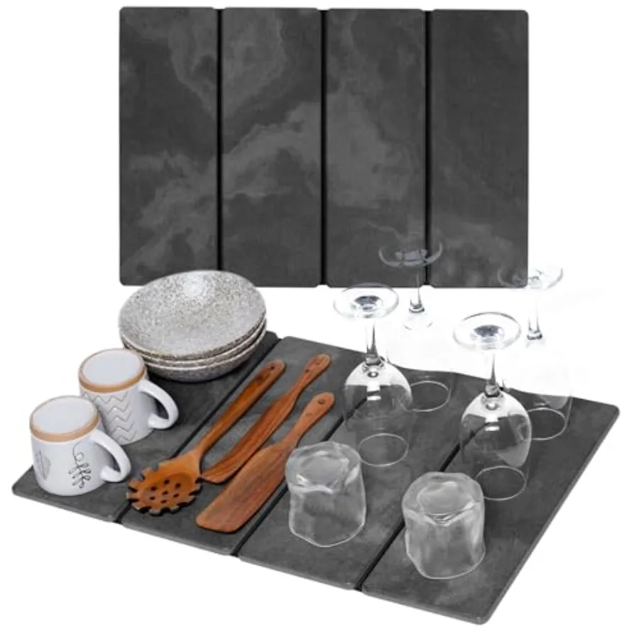 

Большой черный коврик для сушки посуды из камня - складной, влаговпитывающий, с инструментами для чистки, противоскользящий, устойчивый к пятнам