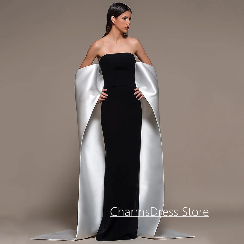 

Modern Arabian Evening Dress Customized Strapless Sleeveless with Cape Straight Formal Prom Gown Saudi Arab Party Dresses
