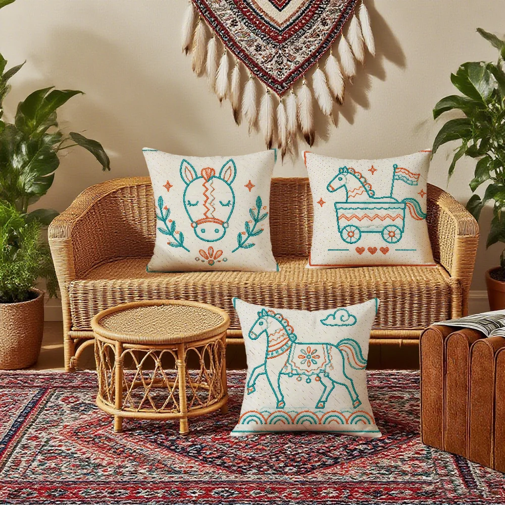 Hand-drawn Horse Patterns Cushion Cover Bedroom Sofa Decorative Home Car Portable Cushion Cover With Zipper Soft Pillowcase