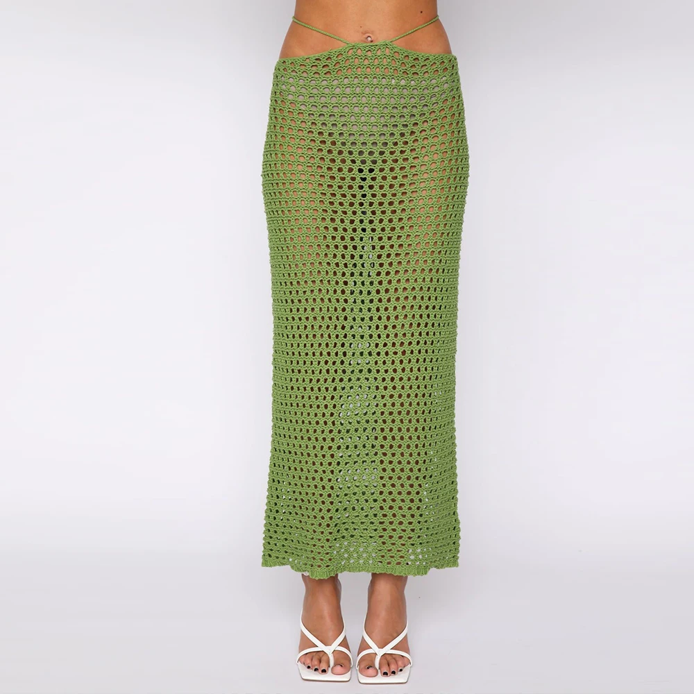 Fashion Knit Long Skirt Women Sexy Holiday Party Cove-Up Midi Skirt Stes Dropped Waist Casual Bodycon Maxi Skirt Beach Skirt