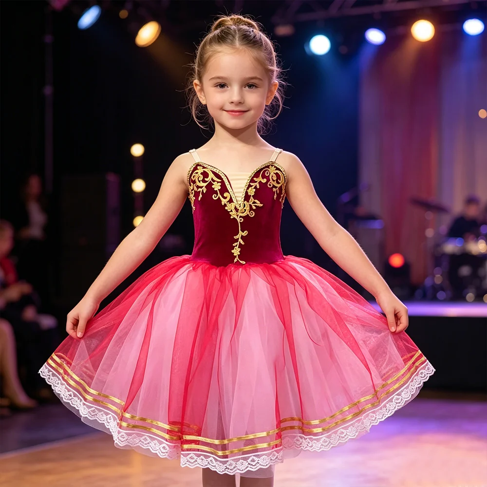 

Girls Red Ballet Dance Dress Long Soft Tulle Tutu Skirt Kids Ballerina Performance Costume for Stage & Princess Party