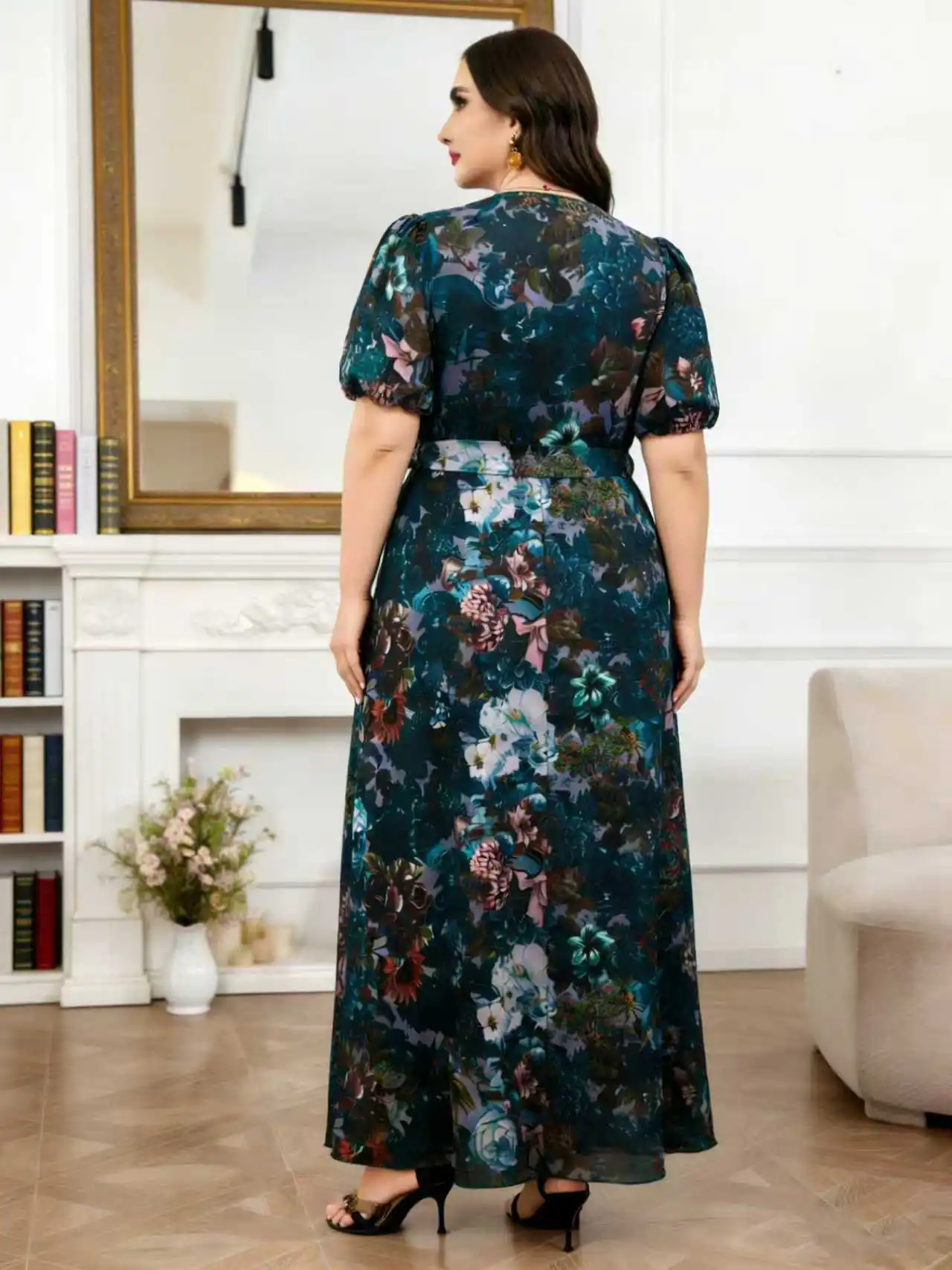 2026 New Arrival Plus Size Women Dark Floral Dress Wrap V Neck Puff Sleeve Tie Waist Long Flowy Chiffon Maxi Dress Daily Party W view 3