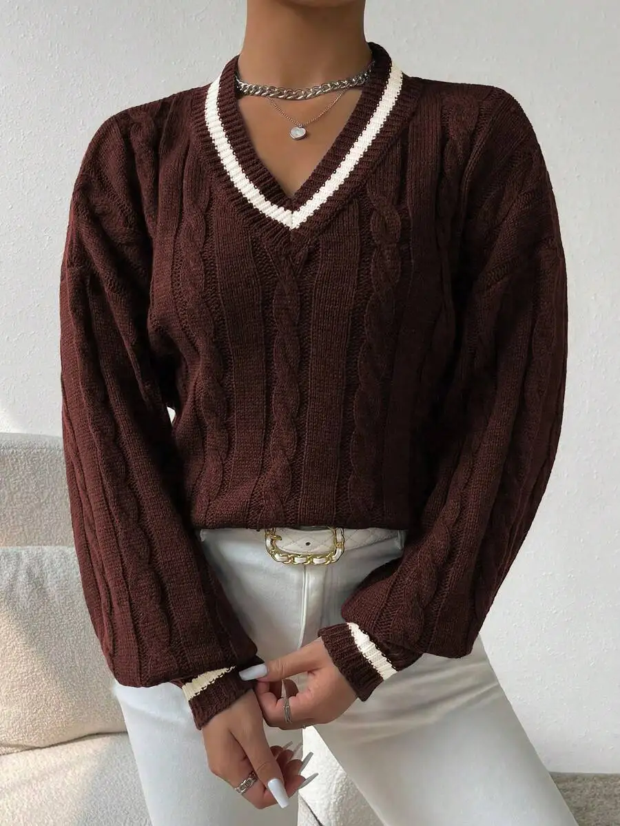 

Brown Cable Knit V-Neck Long Sleeve Casual Sweater For Women