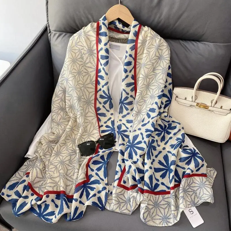 وشاح من الكتان القطني المطبوع بتصميم هندسي للصيف للحماية من الشمس والزهور، لفافة كتف Briti Sle مزدوجة الجوانب للشباب #1