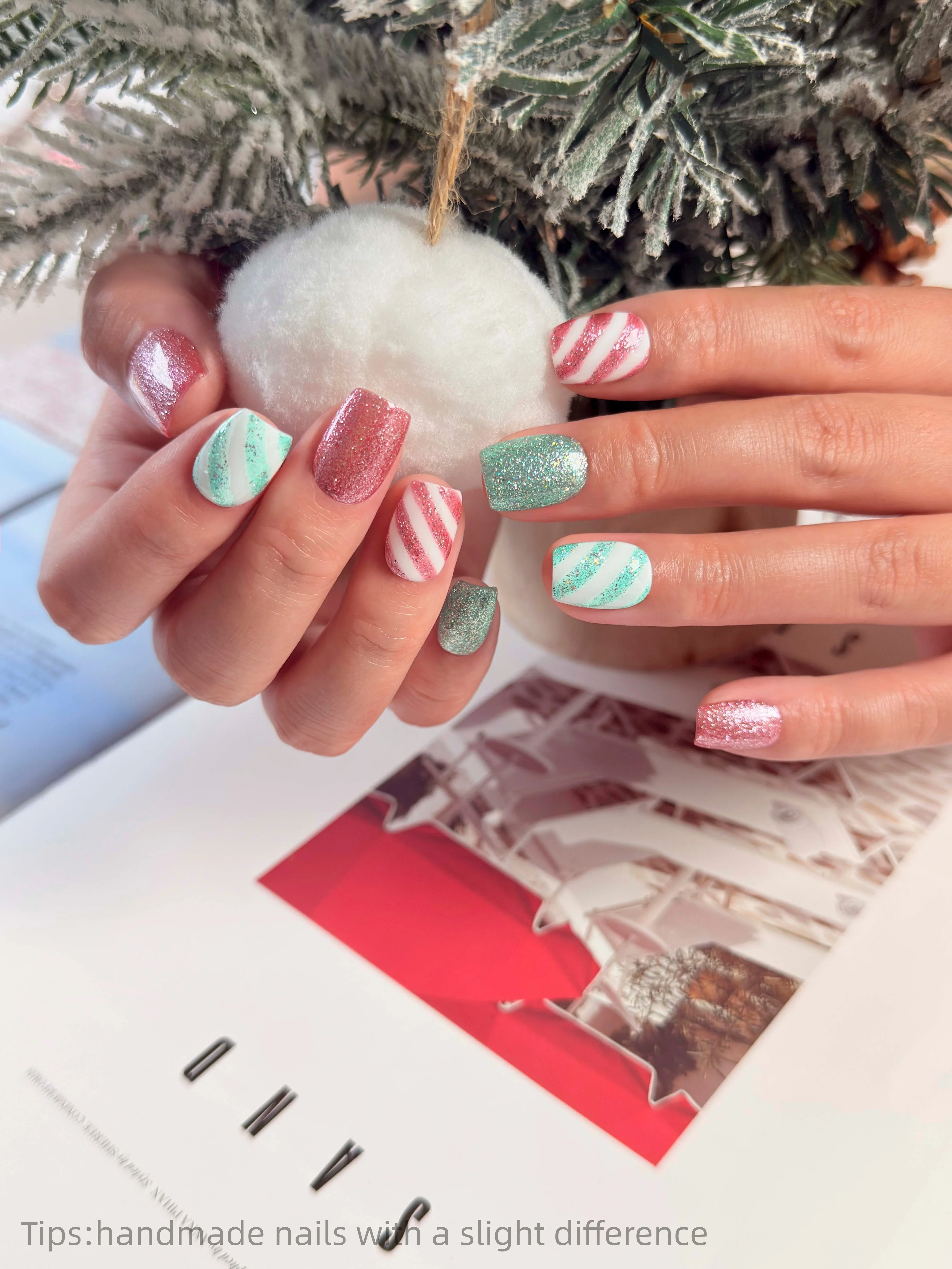 10 pçs artesanal verde vermelho glitter listra imprensa em unhas quadrado curto wearable reutilizável festival moda unhas falsas 2026