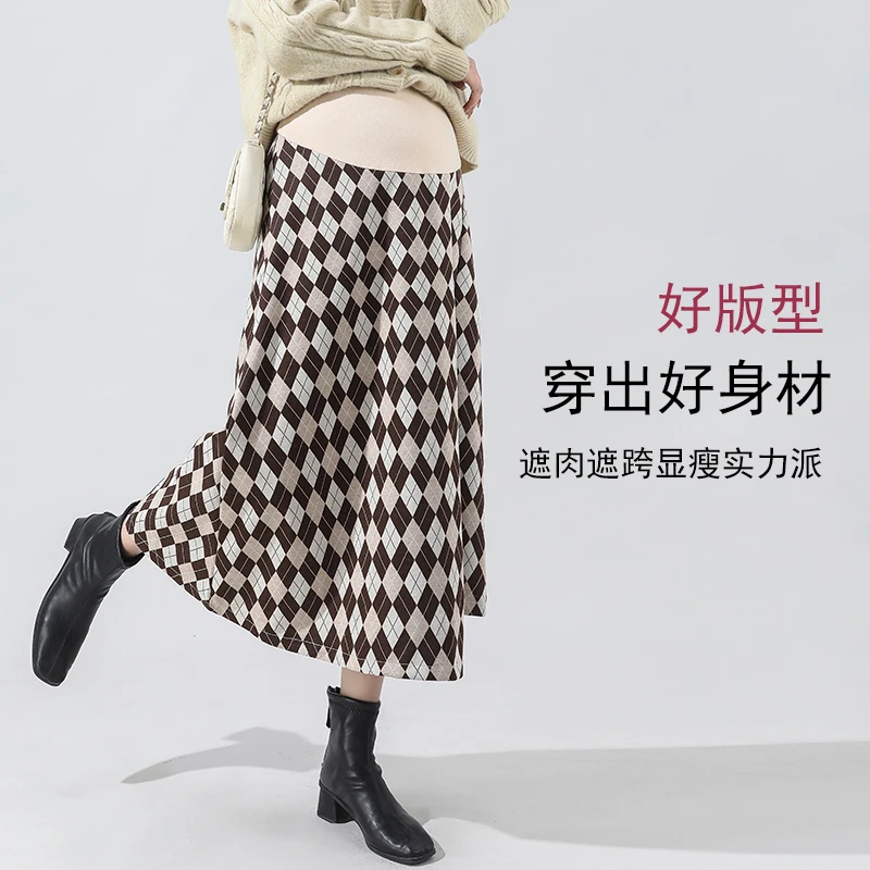 

Vintage Plaid Maternity Skirts Autumn Winter Fashion Elastic Waist Belly Bottoms Clothes for Pregnant Women Casual Pregnancy